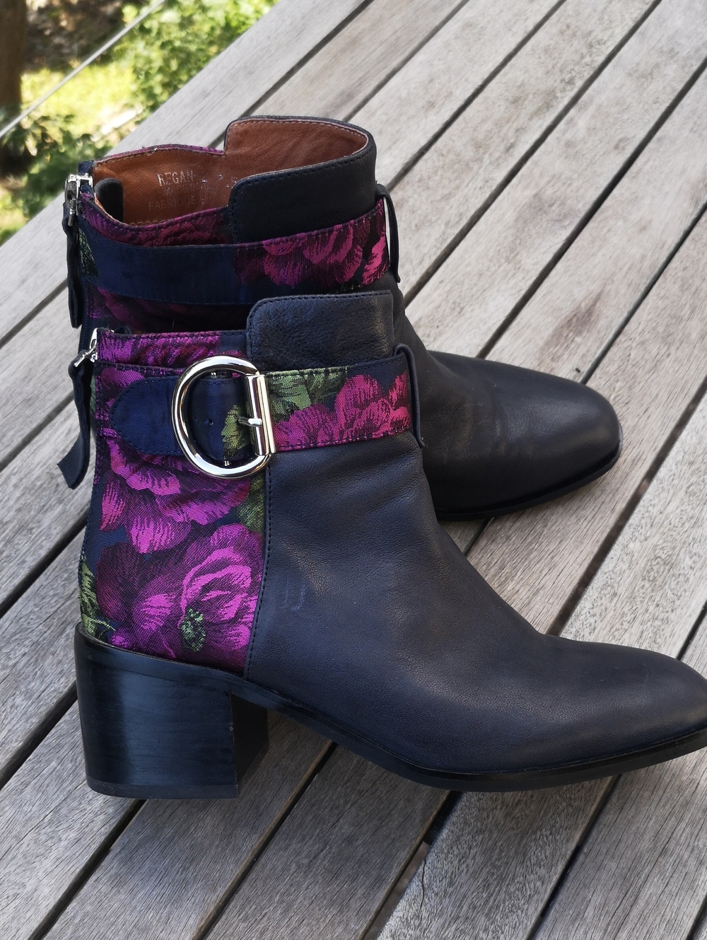 Jeffrey Campbell heeled leather ankle boots w flower pattern